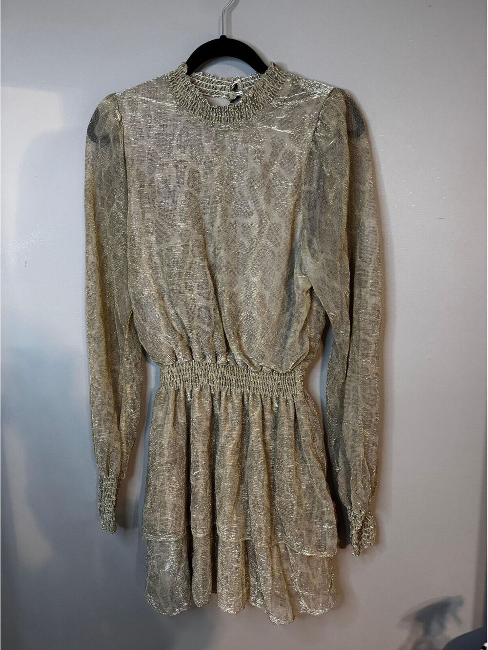 Show Me Your Mumu Maddison Gold Metallic Ruffle Mini Dress L Pre-Loved